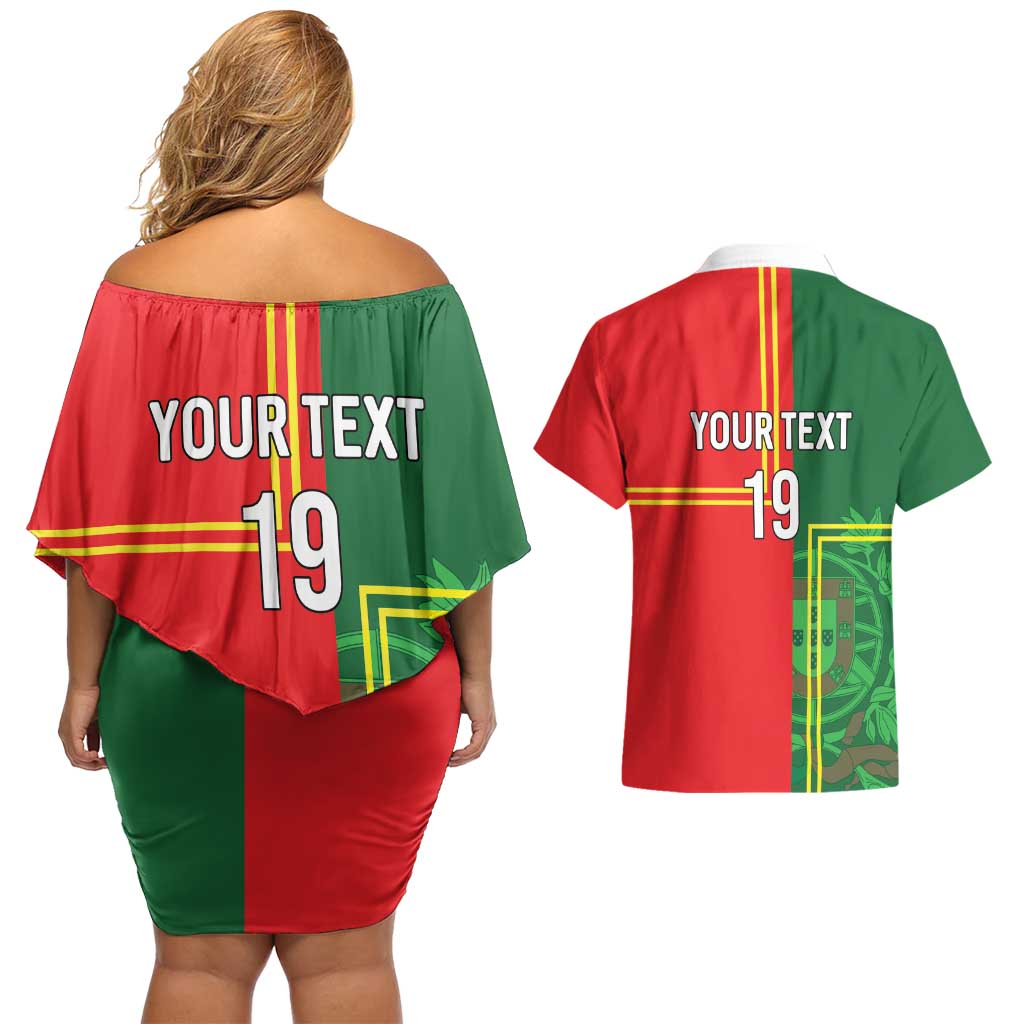 Custom Portugal Football Couples Matching Off Shoulder Short Dress and Hawaiian Shirt Coat of Arms Line Art Style - Wonder Print Shop