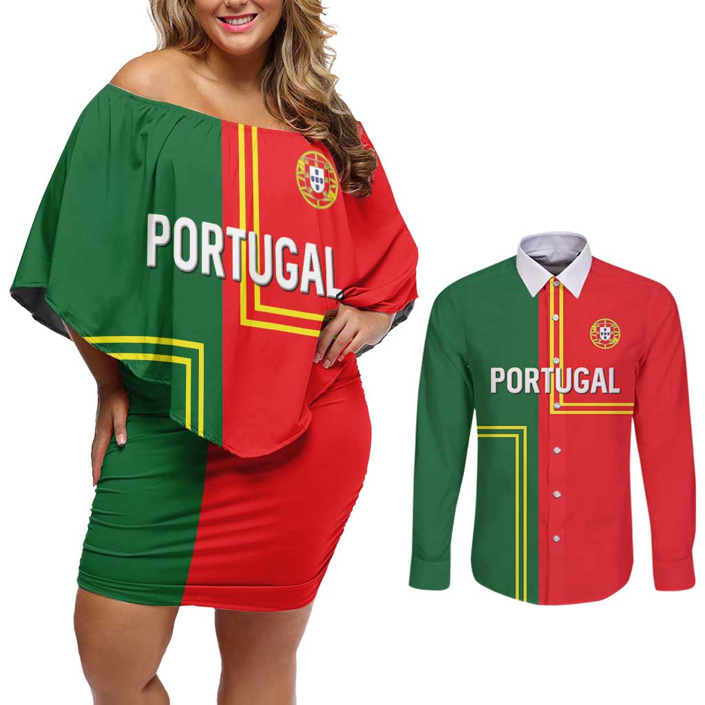 Custom Portugal Football Couples Matching Off Shoulder Short Dress and Long Sleeve Button Shirt Coat of Arms Line Art Style - Wonder Print Shop