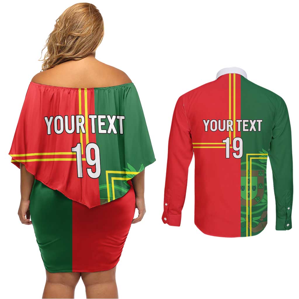 Custom Portugal Football Couples Matching Off Shoulder Short Dress and Long Sleeve Button Shirt Coat of Arms Line Art Style - Wonder Print Shop