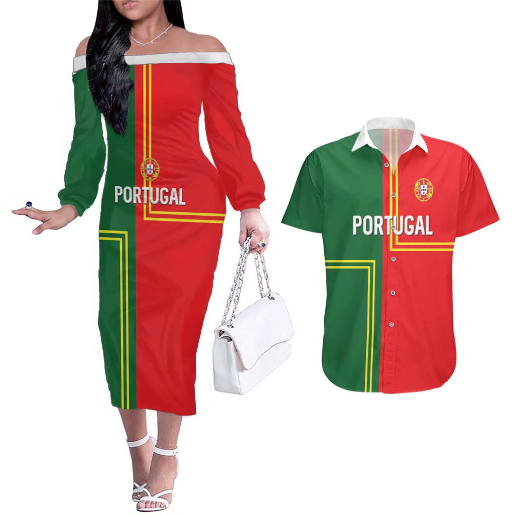 Custom Portugal Football Couples Matching Off The Shoulder Long Sleeve Dress and Hawaiian Shirt Coat of Arms Line Art Style - Wonder Print Shop