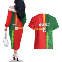 Custom Portugal Football Couples Matching Off The Shoulder Long Sleeve Dress and Hawaiian Shirt Coat of Arms Line Art Style - Wonder Print Shop