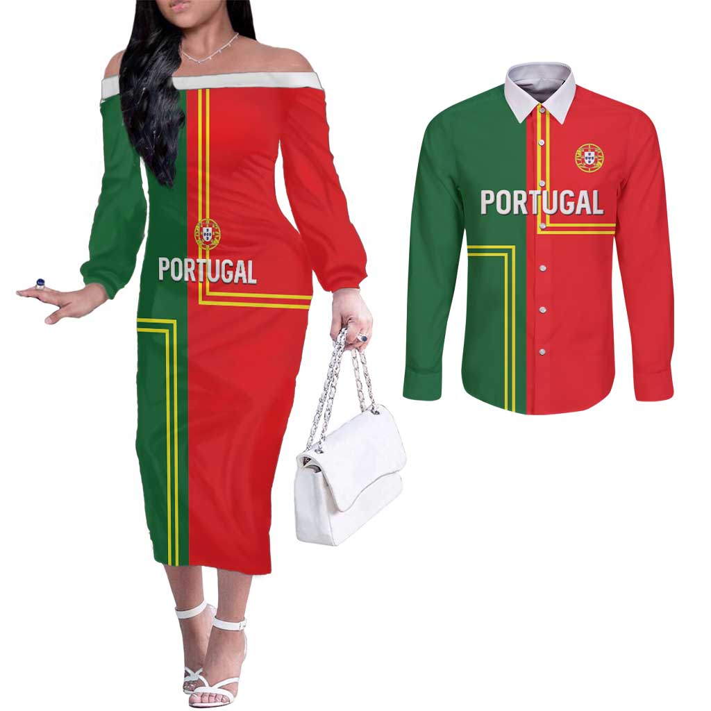 Custom Portugal Football Couples Matching Off The Shoulder Long Sleeve Dress and Long Sleeve Button Shirt Coat of Arms Line Art Style - Wonder Print Shop
