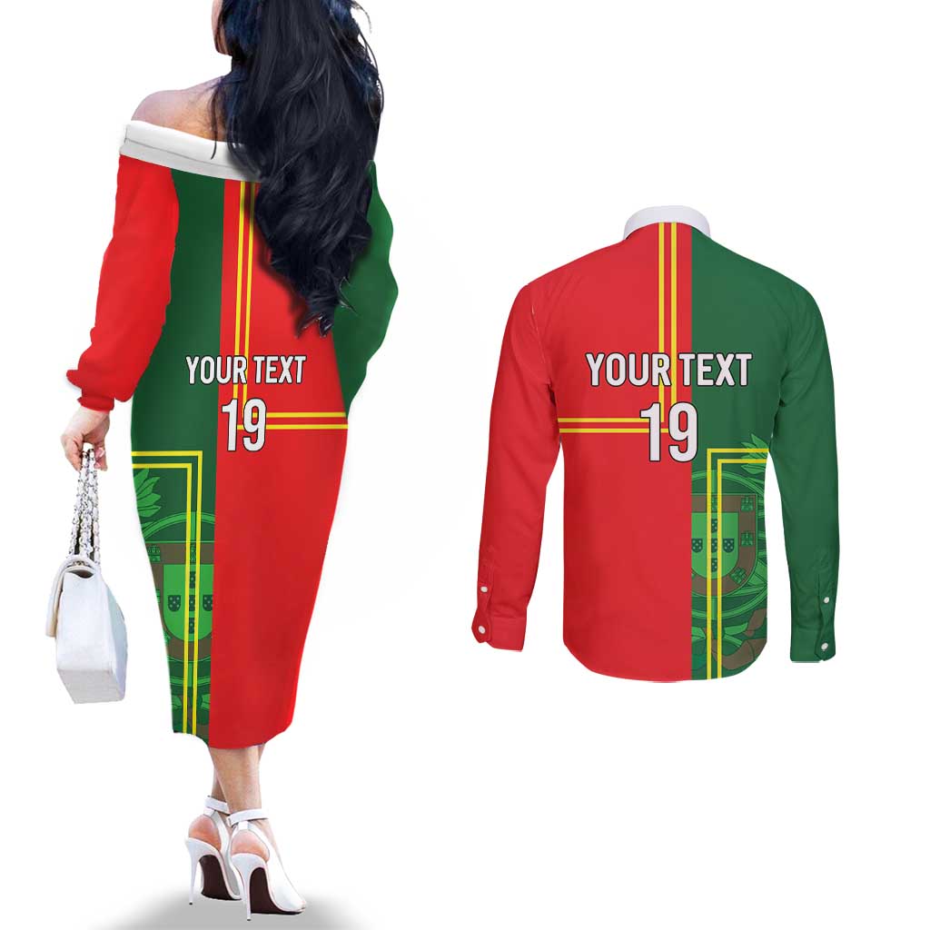 Custom Portugal Football Couples Matching Off The Shoulder Long Sleeve Dress and Long Sleeve Button Shirt Coat of Arms Line Art Style - Wonder Print Shop