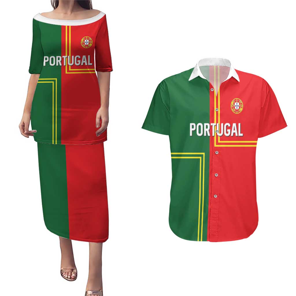 Custom Portugal Football Couples Matching Puletasi and Hawaiian Shirt Coat of Arms Line Art Style - Wonder Print Shop
