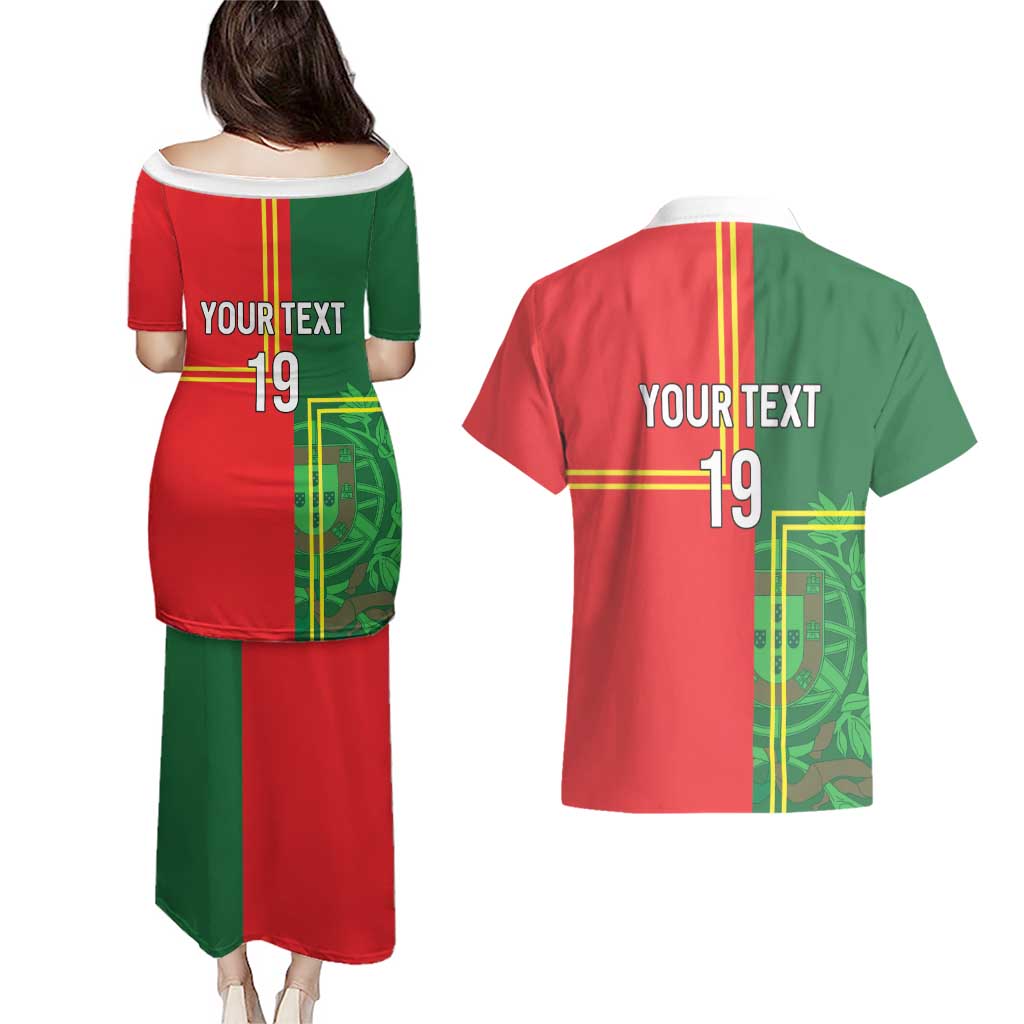 Custom Portugal Football Couples Matching Puletasi and Hawaiian Shirt Coat of Arms Line Art Style - Wonder Print Shop