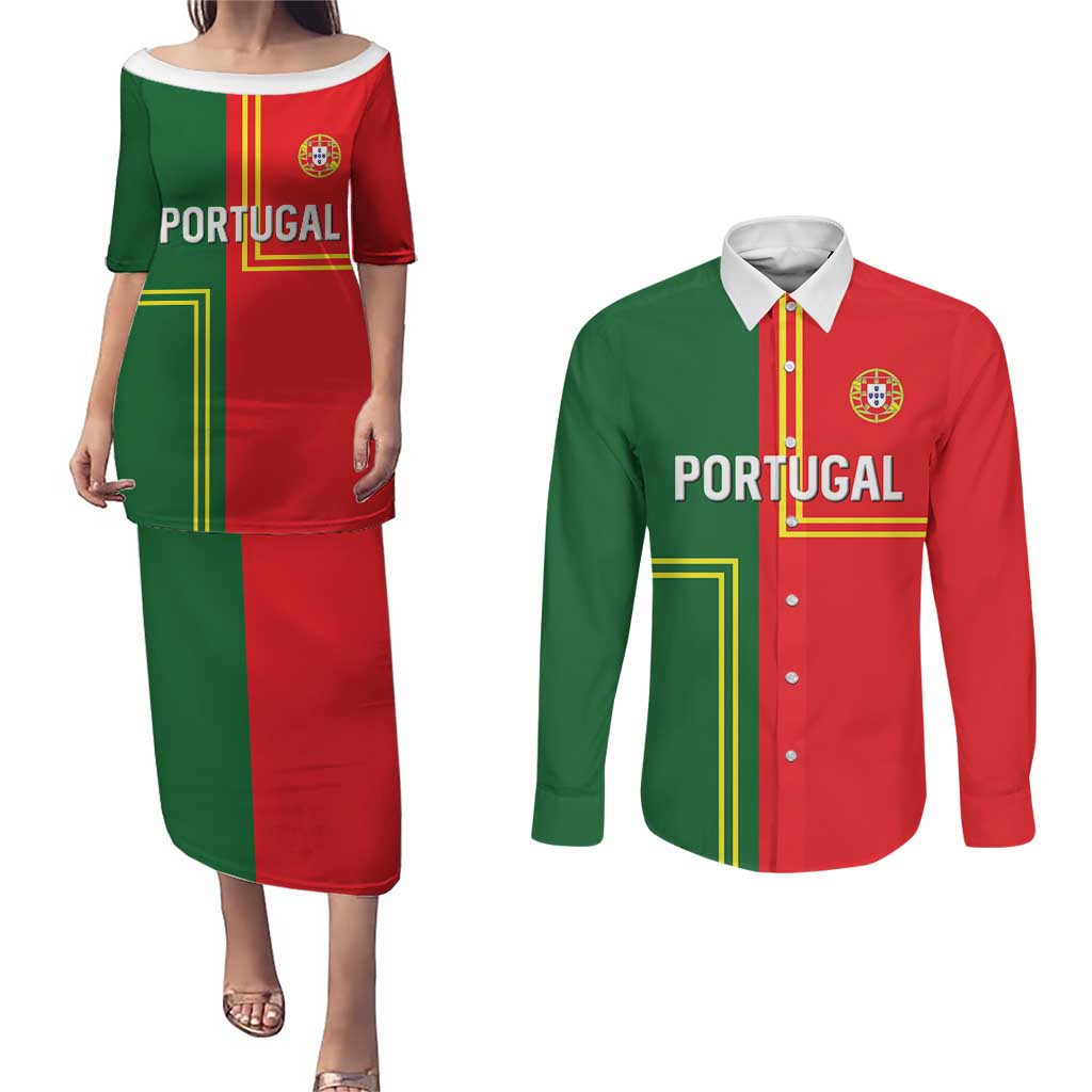 Custom Portugal Football Couples Matching Puletasi and Long Sleeve Button Shirt Coat of Arms Line Art Style - Wonder Print Shop