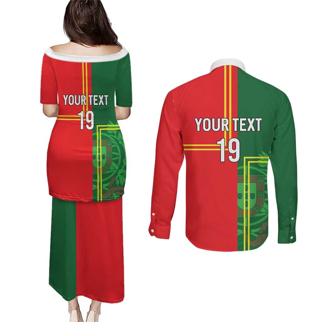 Custom Portugal Football Couples Matching Puletasi and Long Sleeve Button Shirt Coat of Arms Line Art Style - Wonder Print Shop