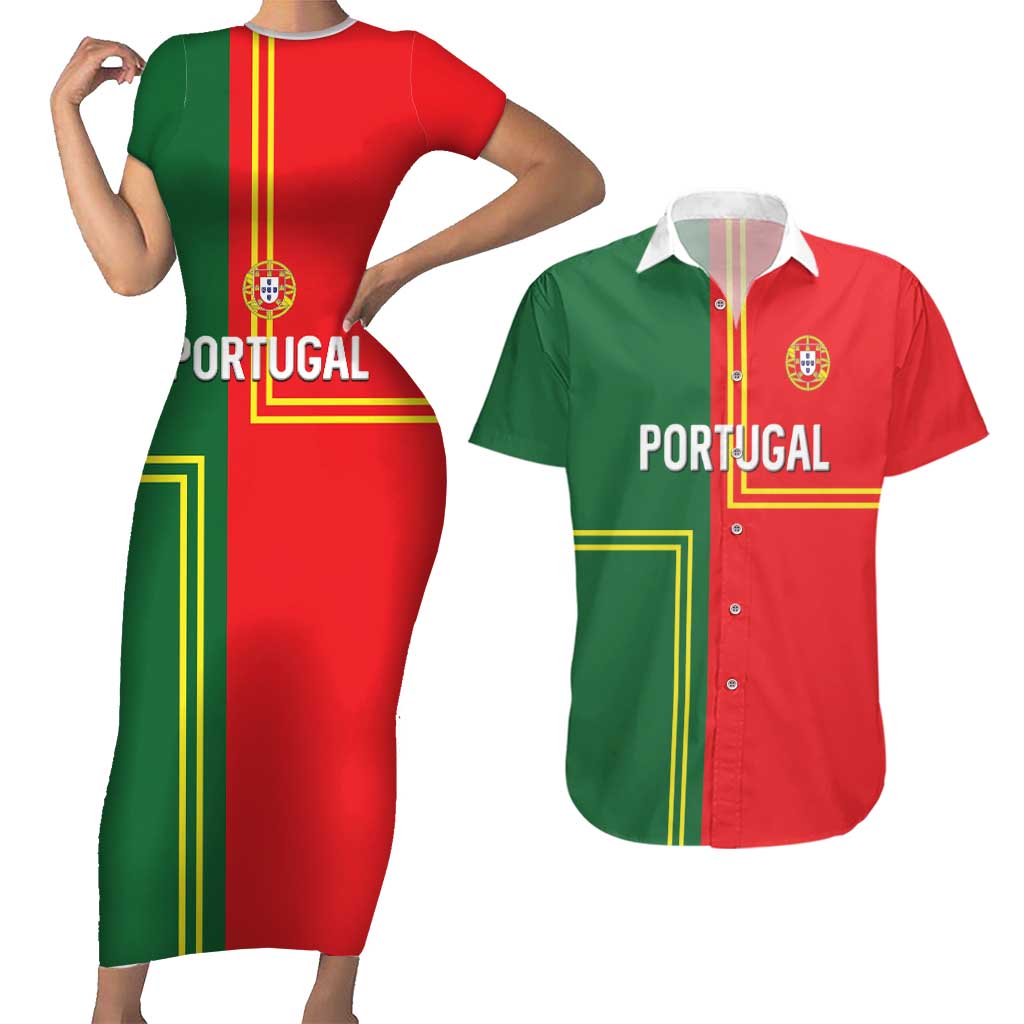 Custom Portugal Football Couples Matching Short Sleeve Bodycon Dress and Hawaiian Shirt Coat of Arms Line Art Style - Wonder Print Shop