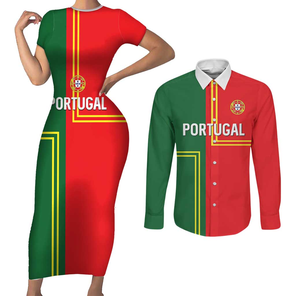 Custom Portugal Football Couples Matching Short Sleeve Bodycon Dress and Long Sleeve Button Shirt Coat of Arms Line Art Style - Wonder Print Shop