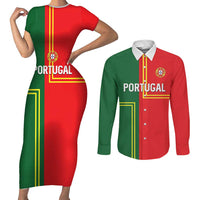 Custom Portugal Football Couples Matching Short Sleeve Bodycon Dress and Long Sleeve Button Shirt Coat of Arms Line Art Style - Wonder Print Shop