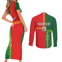 Custom Portugal Football Couples Matching Short Sleeve Bodycon Dress and Long Sleeve Button Shirt Coat of Arms Line Art Style - Wonder Print Shop