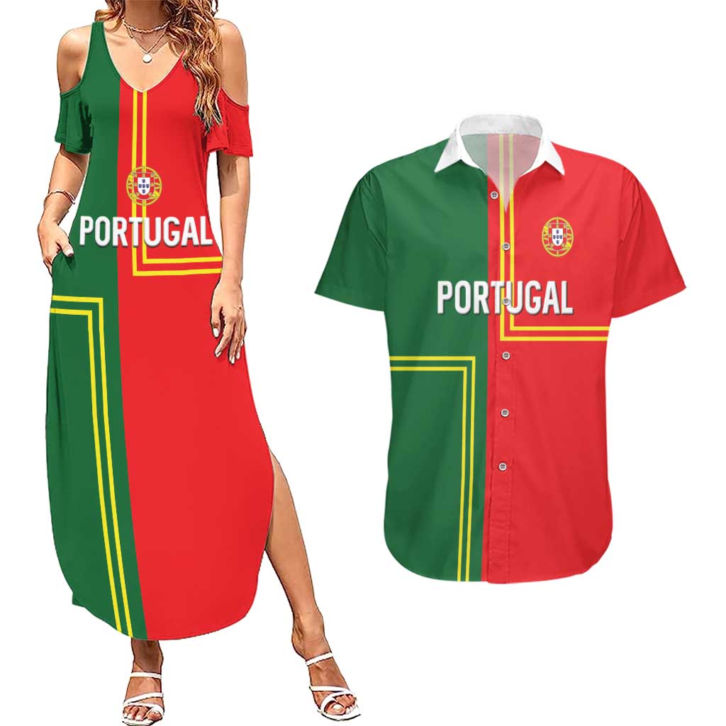 Custom Portugal Football Couples Matching Summer Maxi Dress and Hawaiian Shirt Coat of Arms Line Art Style - Wonder Print Shop