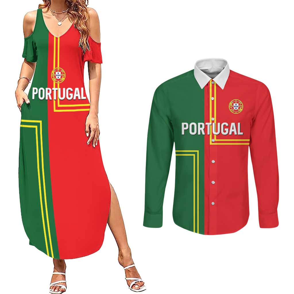 Custom Portugal Football Couples Matching Summer Maxi Dress and Long Sleeve Button Shirt Coat of Arms Line Art Style - Wonder Print Shop