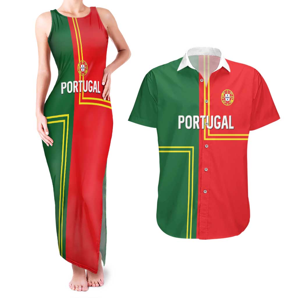 Custom Portugal Football Couples Matching Tank Maxi Dress and Hawaiian Shirt Coat of Arms Line Art Style - Wonder Print Shop