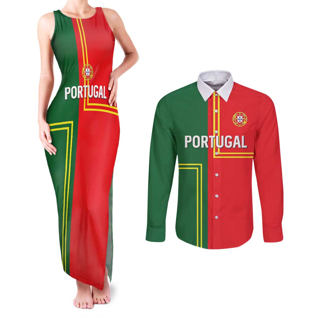Custom Portugal Football Couples Matching Tank Maxi Dress and Long Sleeve Button Shirt Coat of Arms Line Art Style - Wonder Print Shop