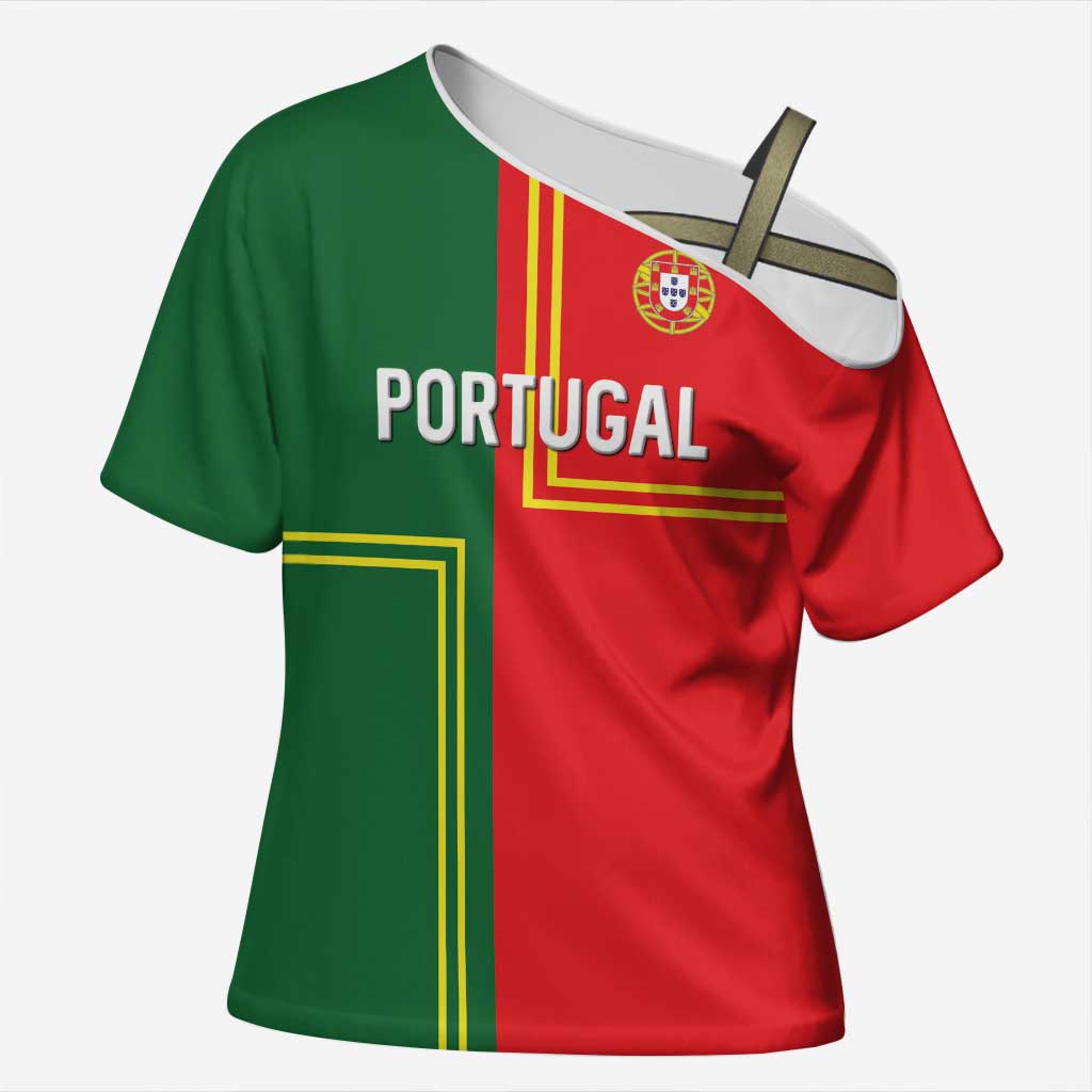 Custom Portugal Football Cross Shoulder Shirt Coat of Arms Line Art Style - Wonder Print Shop