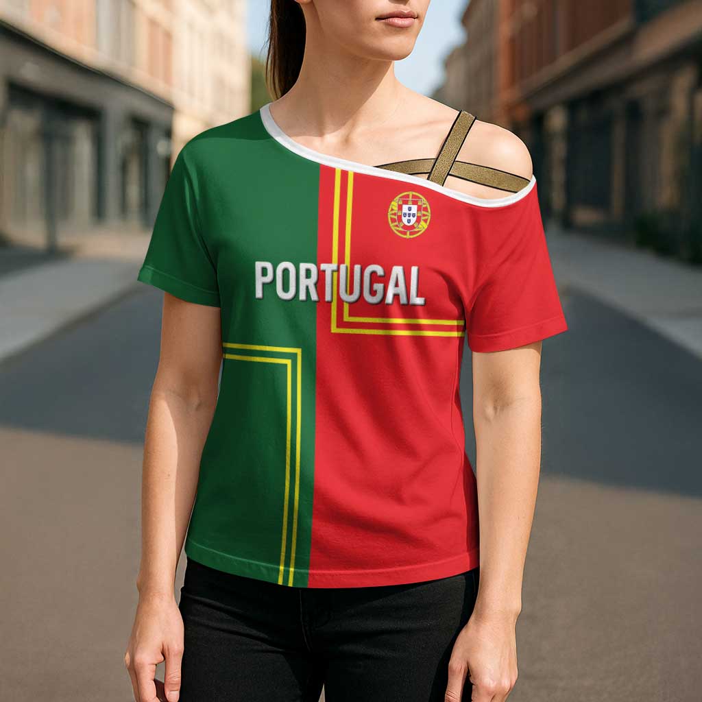 Custom Portugal Football Cross Shoulder Shirt Coat of Arms Line Art Style - Wonder Print Shop