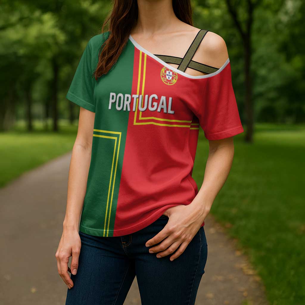 Custom Portugal Football Cross Shoulder Shirt Coat of Arms Line Art Style - Wonder Print Shop