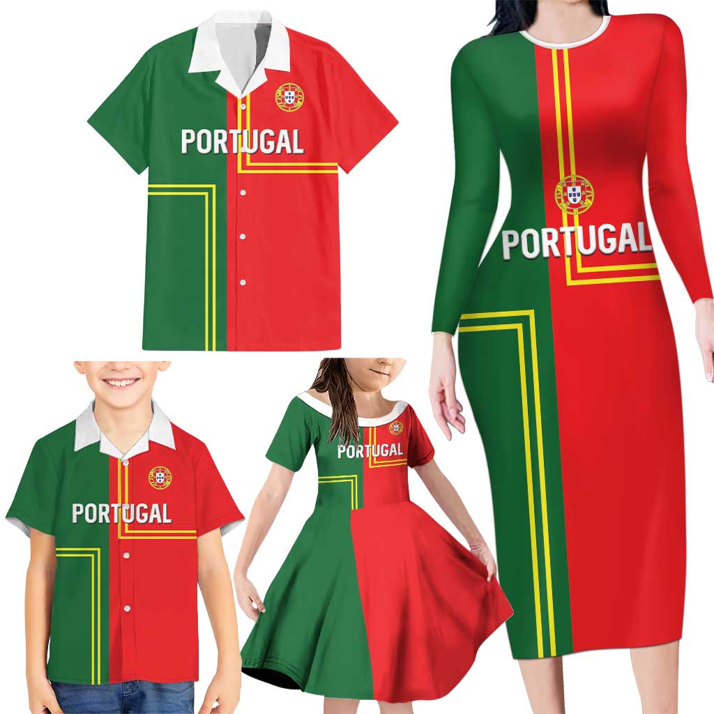 Custom Portugal Football Family Matching Long Sleeve Bodycon Dress and Hawaiian Shirt Coat of Arms Line Art Style - Wonder Print Shop