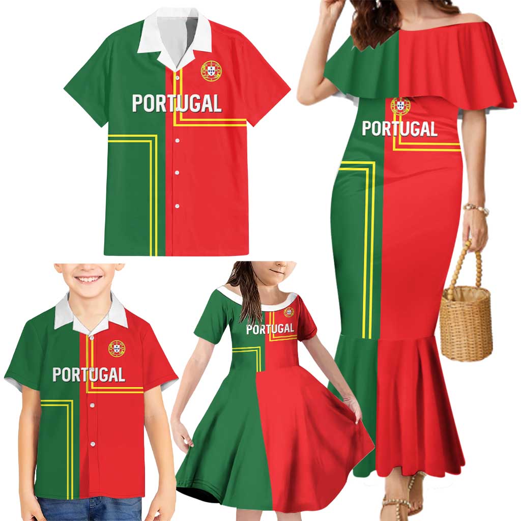 Custom Portugal Football Family Matching Mermaid Dress and Hawaiian Shirt Coat of Arms Line Art Style - Wonder Print Shop