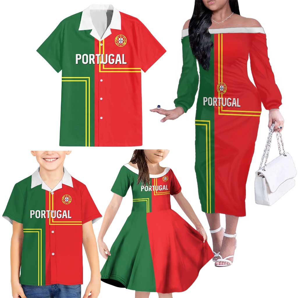 Custom Portugal Football Family Matching Off The Shoulder Long Sleeve Dress and Hawaiian Shirt Coat of Arms Line Art Style - Wonder Print Shop