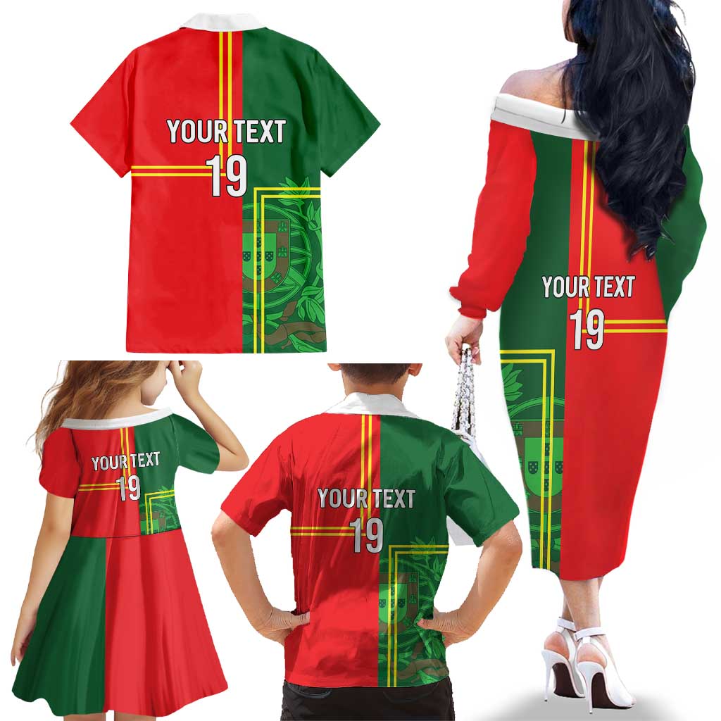 Custom Portugal Football Family Matching Off The Shoulder Long Sleeve Dress and Hawaiian Shirt Coat of Arms Line Art Style - Wonder Print Shop