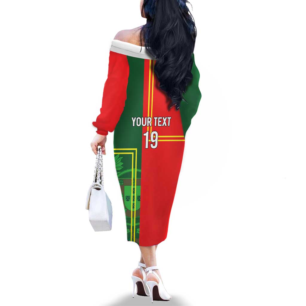 Custom Portugal Football Family Matching Off The Shoulder Long Sleeve Dress and Hawaiian Shirt Coat of Arms Line Art Style - Wonder Print Shop