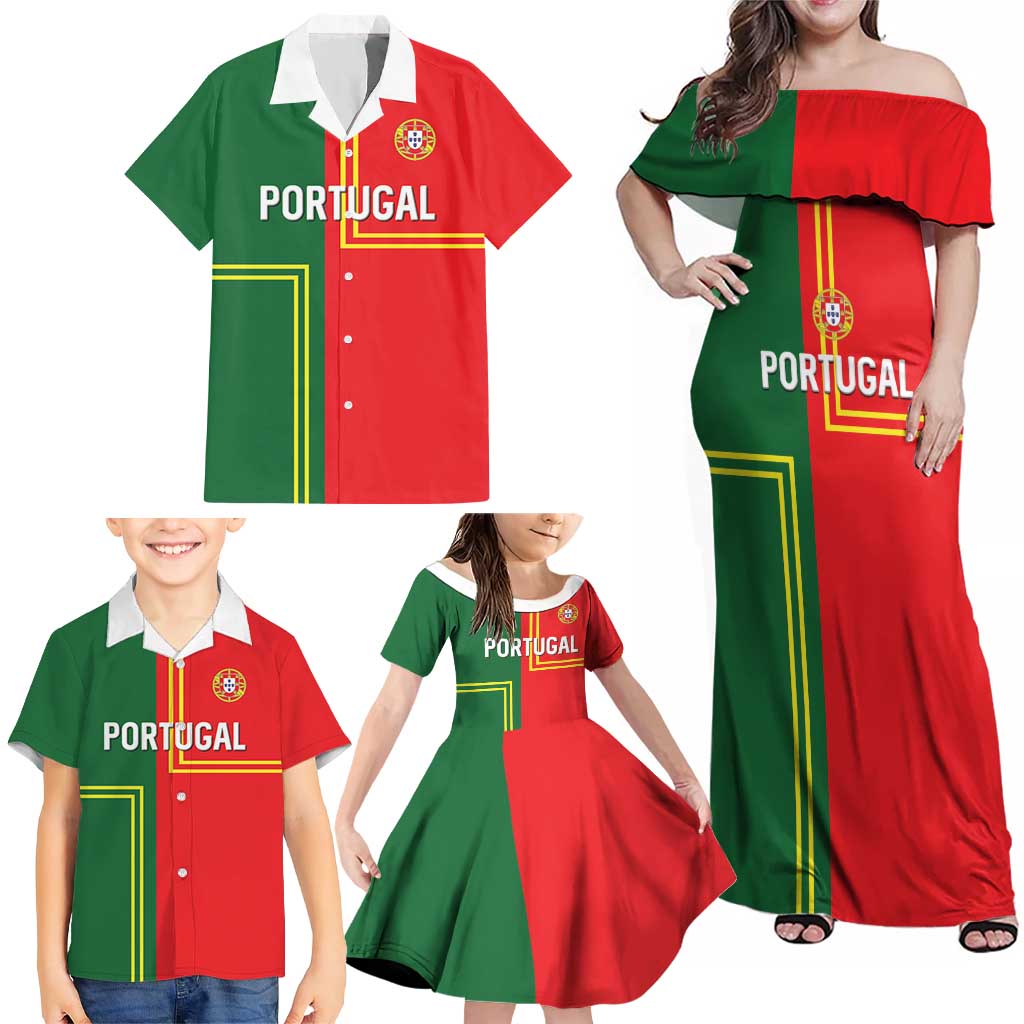 Custom Portugal Football Family Matching Off Shoulder Maxi Dress and Hawaiian Shirt Coat of Arms Line Art Style - Wonder Print Shop