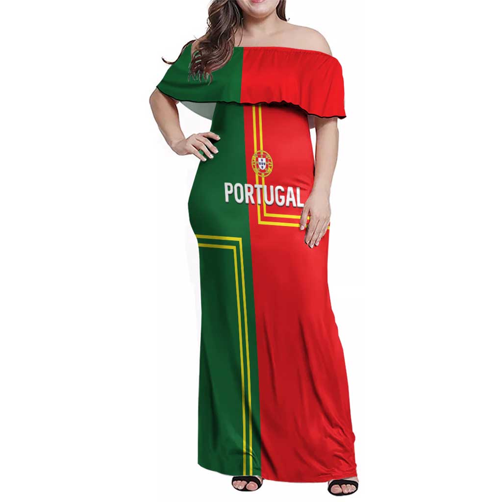 Custom Portugal Football Family Matching Off Shoulder Maxi Dress and Hawaiian Shirt Coat of Arms Line Art Style - Wonder Print Shop