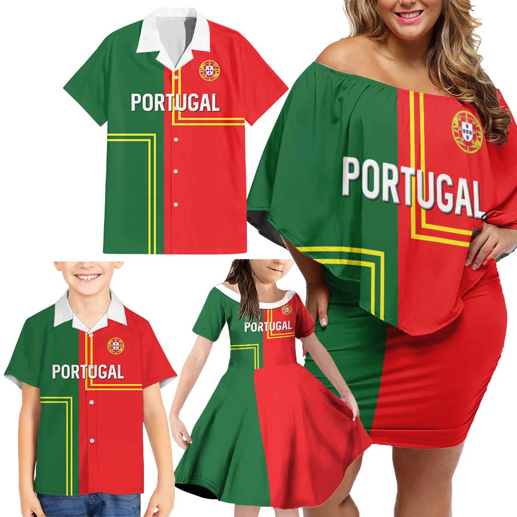Custom Portugal Football Family Matching Off Shoulder Short Dress and Hawaiian Shirt Coat of Arms Line Art Style - Wonder Print Shop