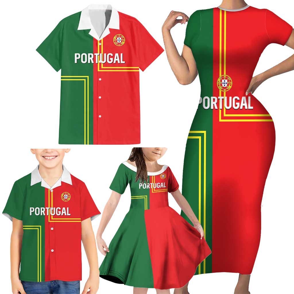 Custom Portugal Football Family Matching Short Sleeve Bodycon Dress and Hawaiian Shirt Coat of Arms Line Art Style - Wonder Print Shop