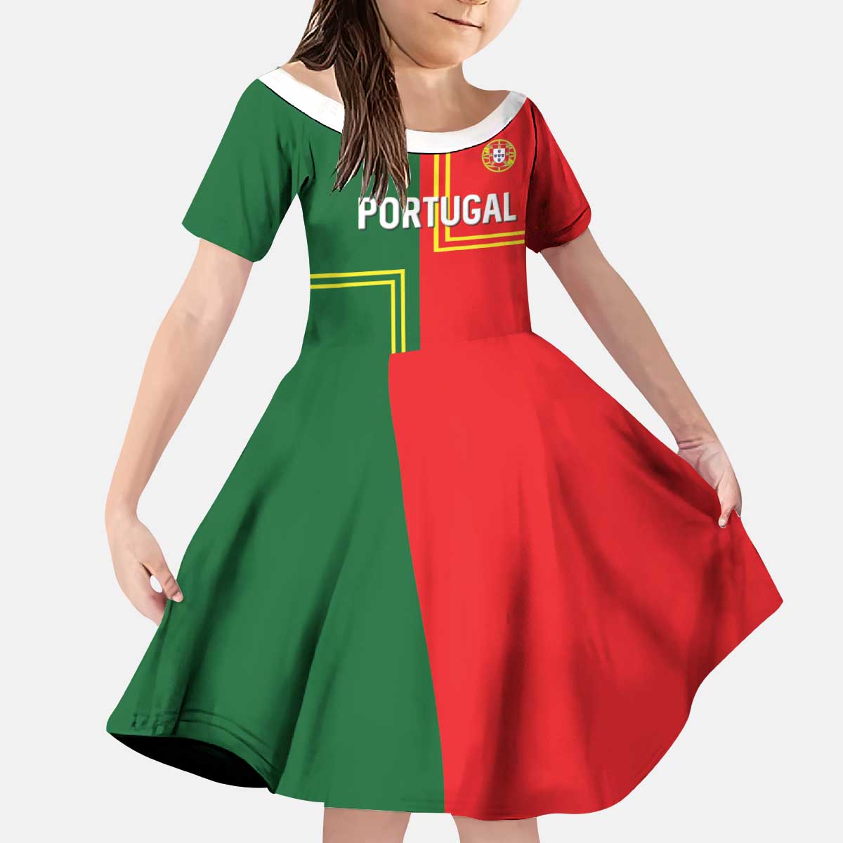 Custom Portugal Football Kid Short Sleeve Dress Coat of Arms Line Art Style - Wonder Print Shop