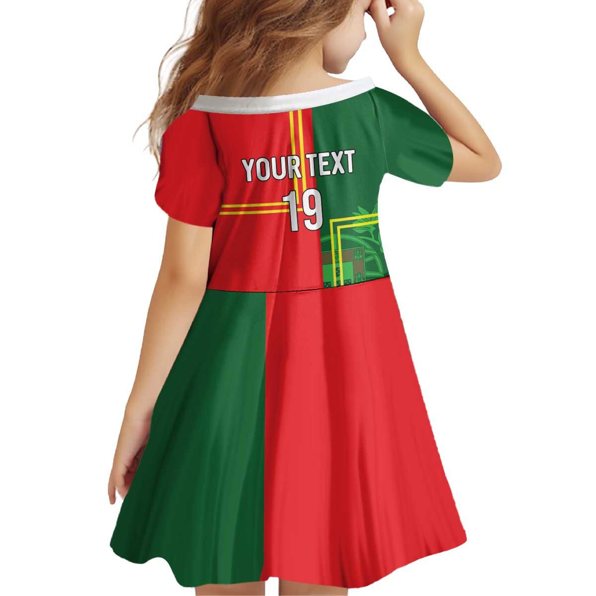Custom Portugal Football Kid Short Sleeve Dress Coat of Arms Line Art Style - Wonder Print Shop