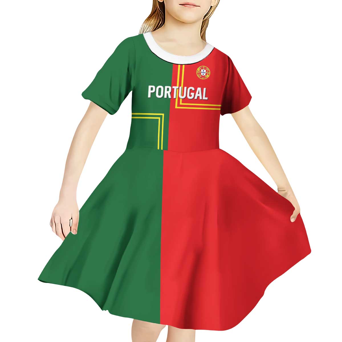 Custom Portugal Football Kid Short Sleeve Dress Coat of Arms Line Art Style - Wonder Print Shop