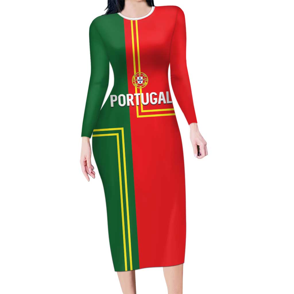 Custom Portugal Football Long Sleeve Bodycon Dress Coat of Arms Line Art Style - Wonder Print Shop