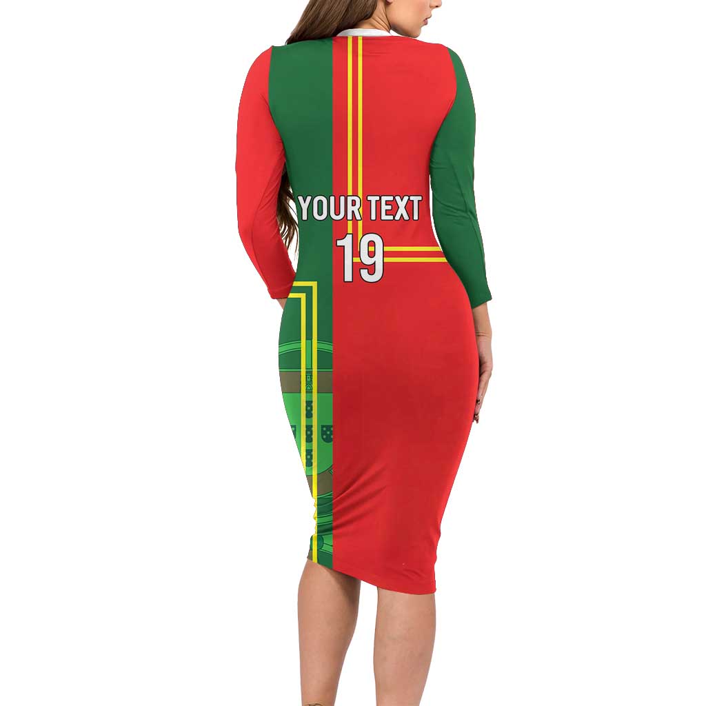 Custom Portugal Football Long Sleeve Bodycon Dress Coat of Arms Line Art Style - Wonder Print Shop