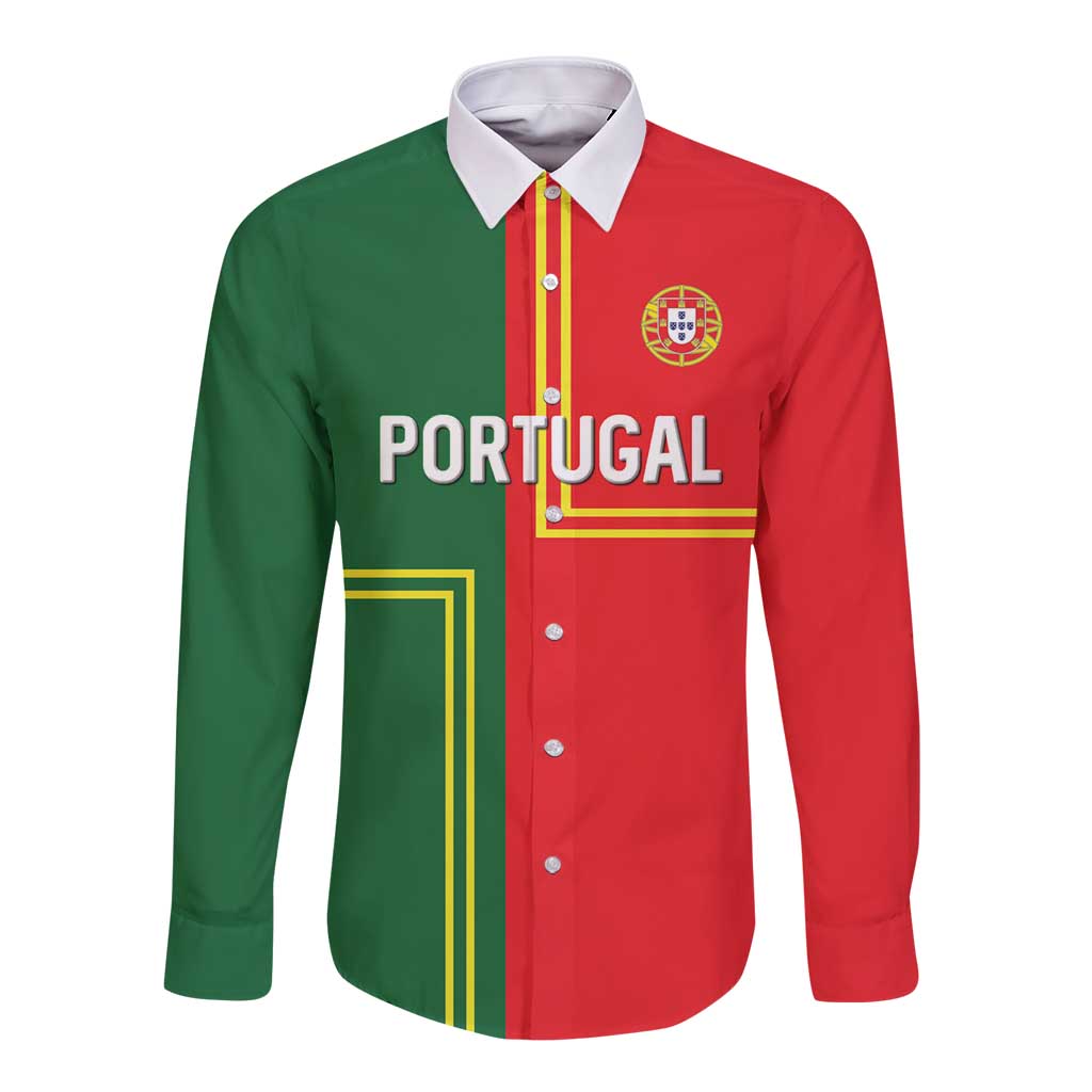 Custom Portugal Football Long Sleeve Button Shirt Coat of Arms Line Art Style - Wonder Print Shop
