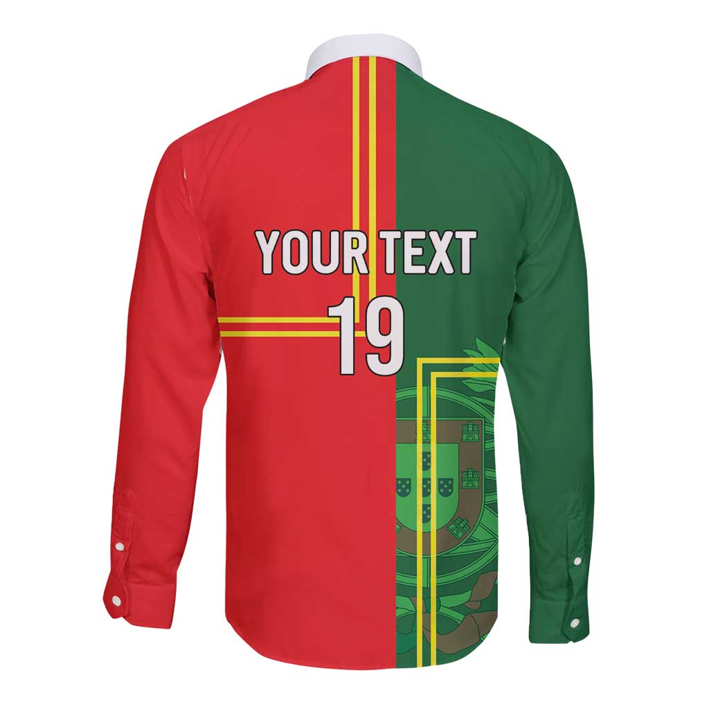 Custom Portugal Football Long Sleeve Button Shirt Coat of Arms Line Art Style - Wonder Print Shop
