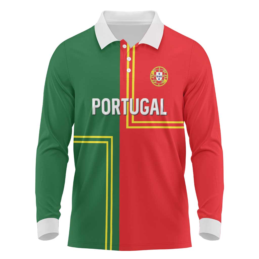 Custom Portugal Football Long Sleeve Polo Shirt Coat of Arms Line Art Style - Wonder Print Shop