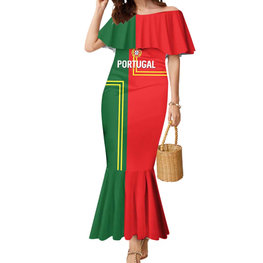 Custom Portugal Football Mermaid Dress Coat of Arms Line Art Style - Wonder Print Shop