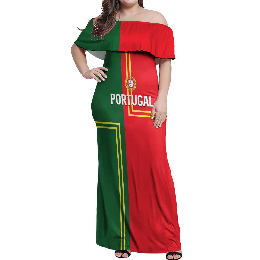 Custom Portugal Football Off Shoulder Maxi Dress Coat of Arms Line Art Style - Wonder Print Shop