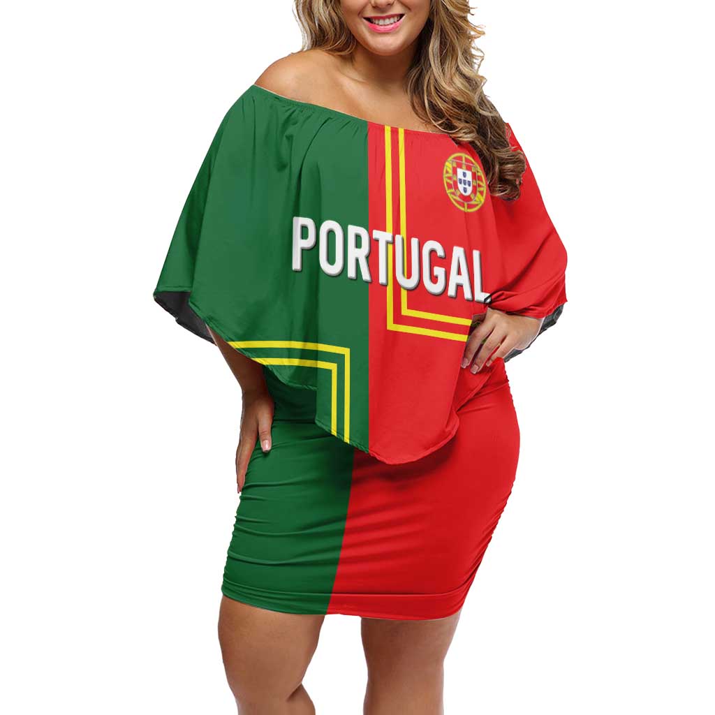 Custom Portugal Football Off Shoulder Short Dress Coat of Arms Line Art Style - Wonder Print Shop