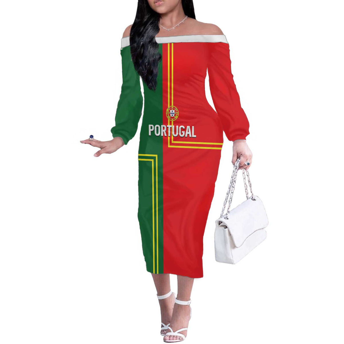 Custom Portugal Football Off The Shoulder Long Sleeve Dress Coat of Arms Line Art Style - Wonder Print Shop