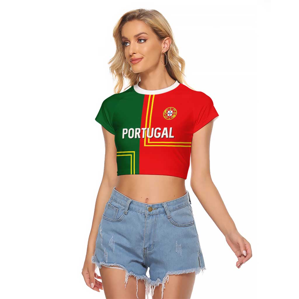Custom Portugal Football Raglan Cropped T Shirt Coat of Arms Line Art Style - Wonder Print Shop