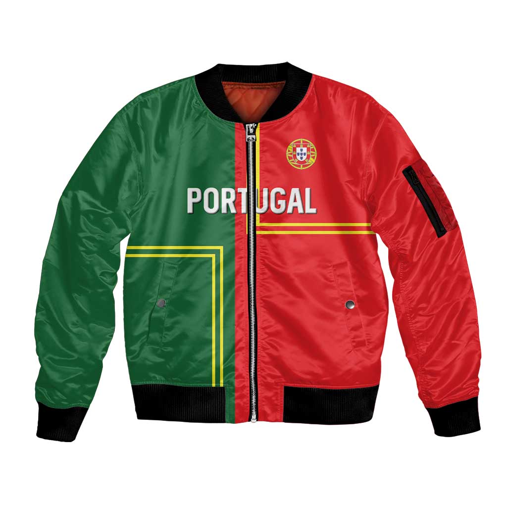 Custom Portugal Football Sleeve Zip Bomber Jacket Coat of Arms Line Art Style - Wonder Print Shop