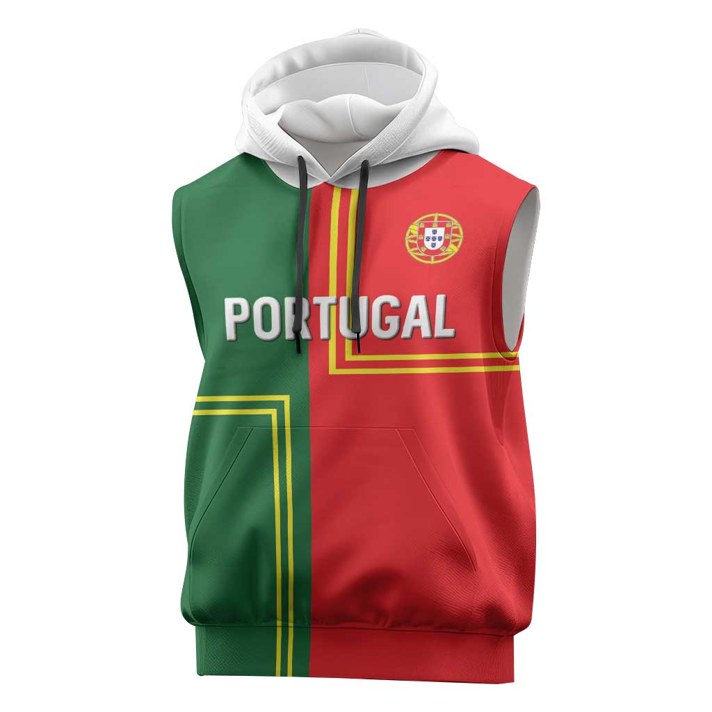 Custom Portugal Football Sleeveless Hoodie Coat of Arms Line Art Style - Wonder Print Shop