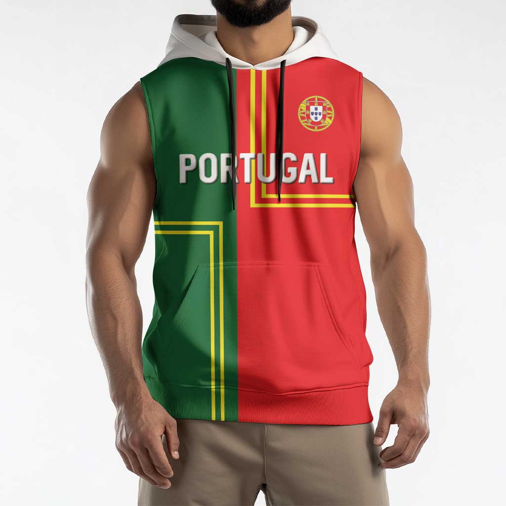 Custom Portugal Football Sleeveless Hoodie Coat of Arms Line Art Style - Wonder Print Shop