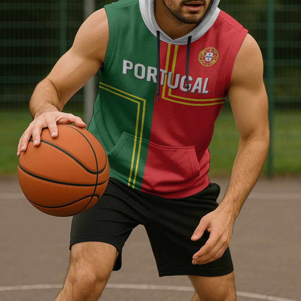 Custom Portugal Football Sleeveless Hoodie Coat of Arms Line Art Style - Wonder Print Shop