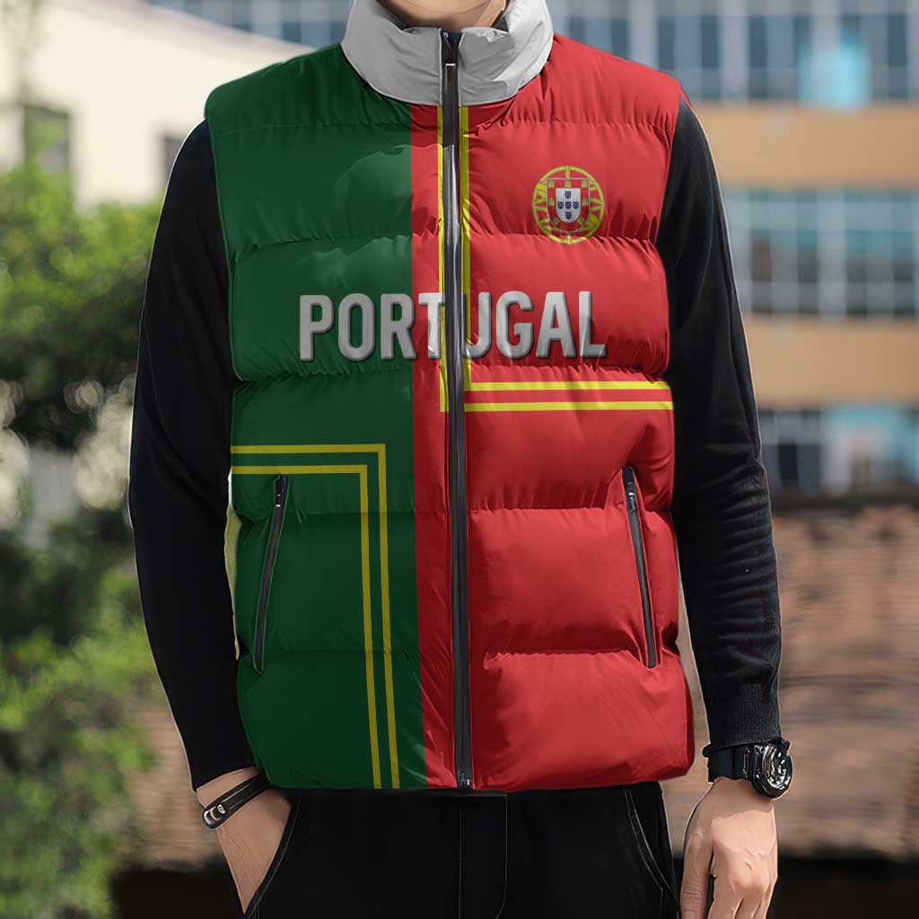 Custom Portugal Football Sleeveless Puffer Jacket Coat of Arms Line Art Style - Wonder Print Shop