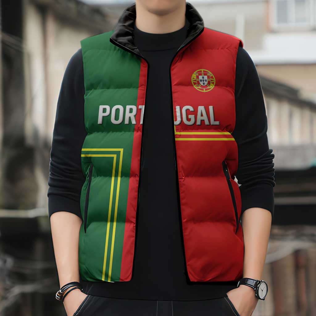 Custom Portugal Football Sleeveless Puffer Jacket Coat of Arms Line Art Style - Wonder Print Shop